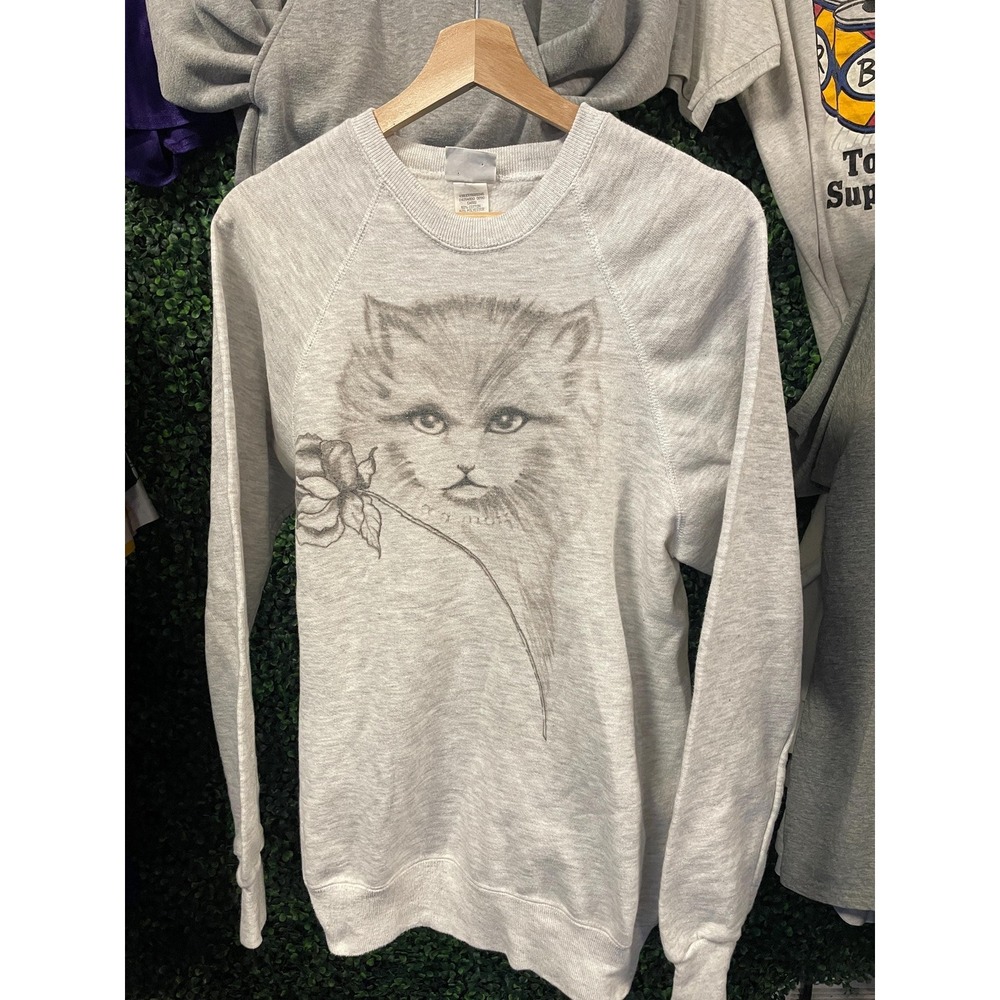 vtg 80s CAT ANIMAL ROSE Floral Crewneck medium // Lee flower autumn cute grandma